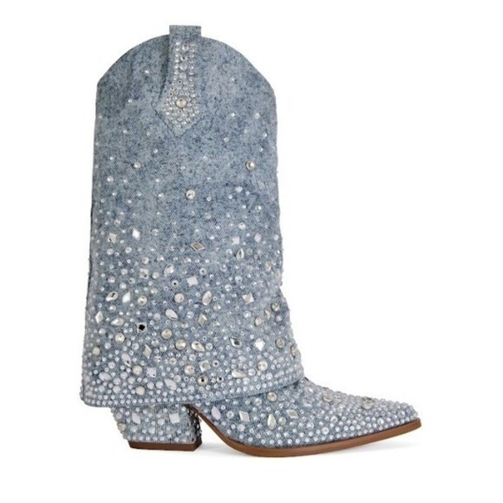 AZALEA WANG Cristos Rhinestone Denim Cowboy Boots Embellished Western 7.5 NWT - Picture 2 of 4